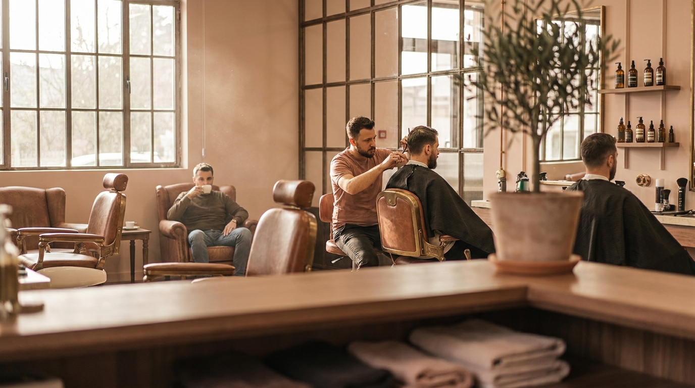 Interior elegant Classic Barbershop Craiova – scaun vintage și oglindă iluminată
